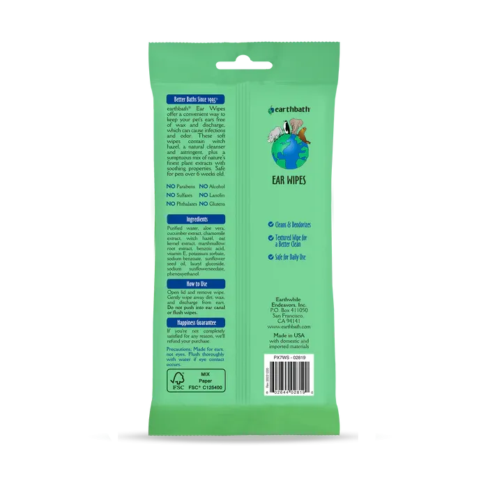 earthbath® Grooming Wipes Ear Wipes for Dogs & Cats (30ct)